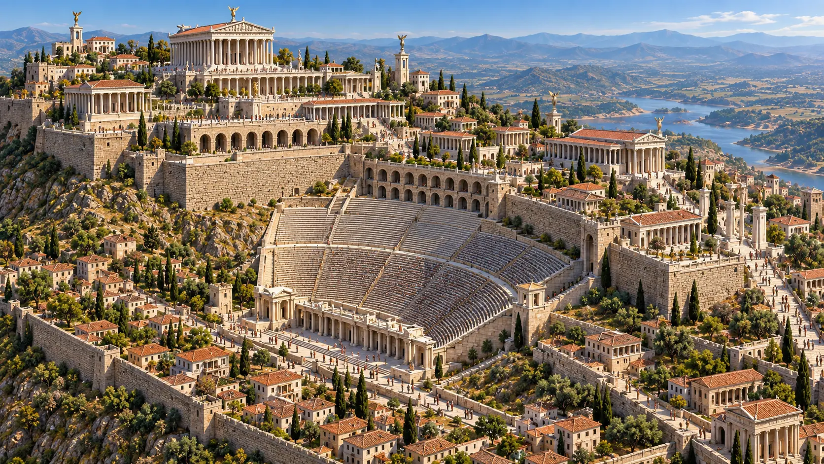 Artistic aerial reconstruction of ancient Pergamum on its hilltop acropolis