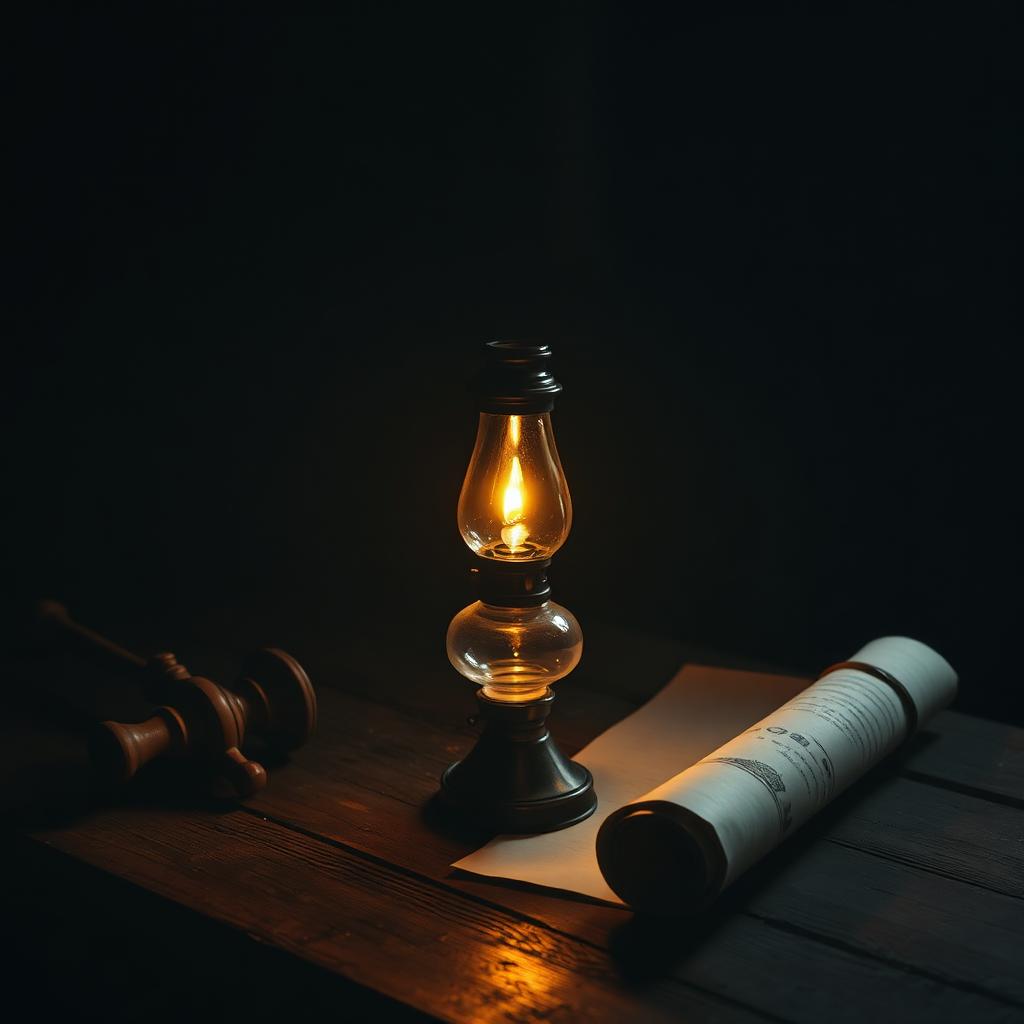 Oil lamp beside a rolled scroll on a wooden table