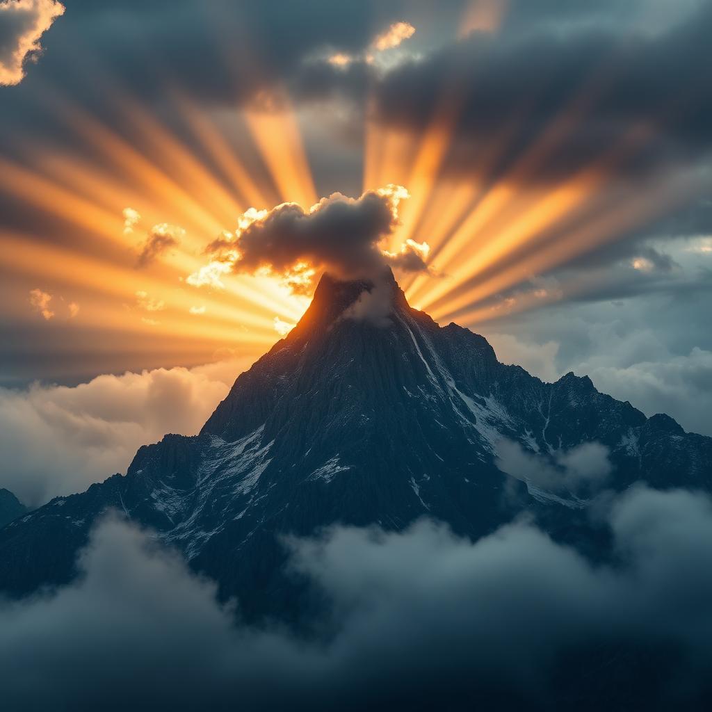 Sunlight breaking through clouds over a mountain peak
