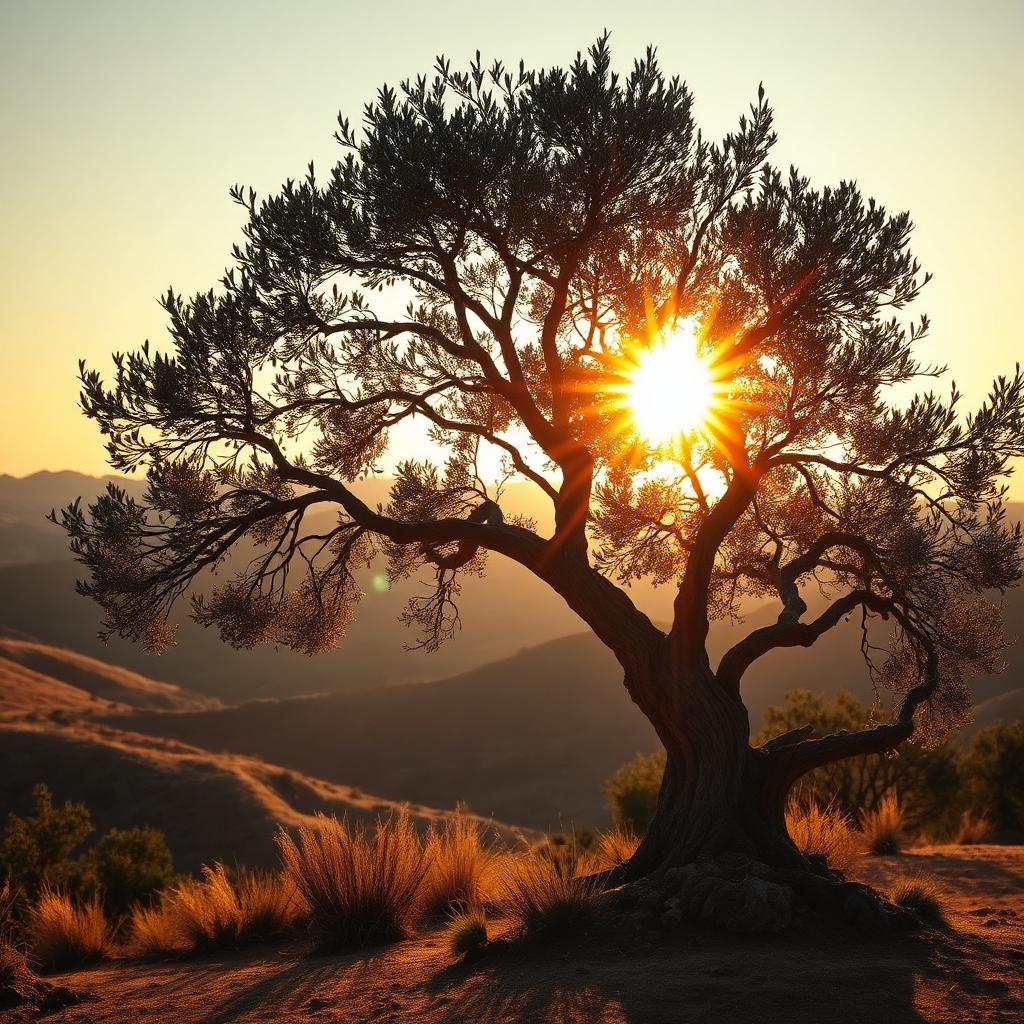 Ancient olive tree at golden hour in the Judean hills
