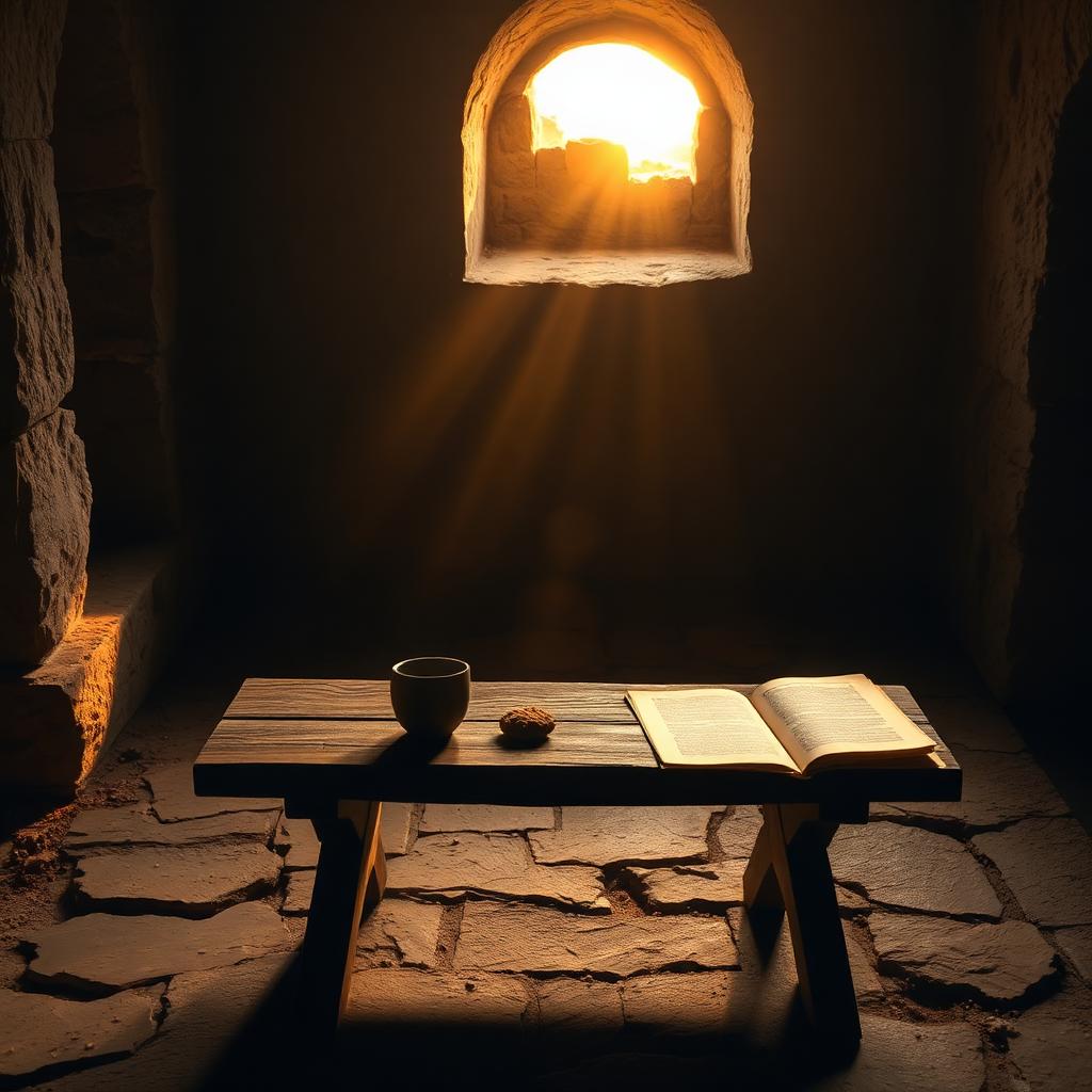 A first-century stone room at golden hour with bread, a clay cup, and an open scroll on a wooden table, symbolizing the apostles' doctrine and fellowship in Acts
