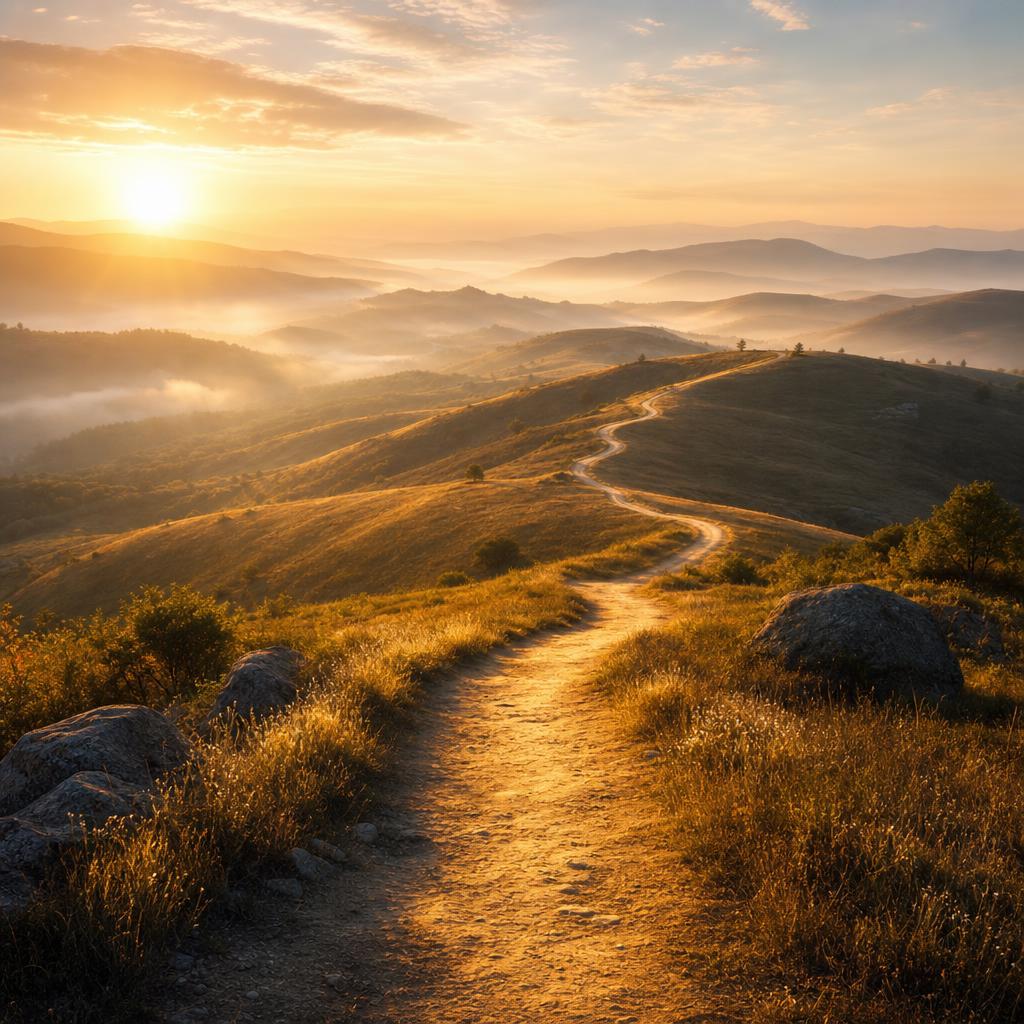 A winding path through golden hills at sunrise, symbolizing a year-long Bible reading journey