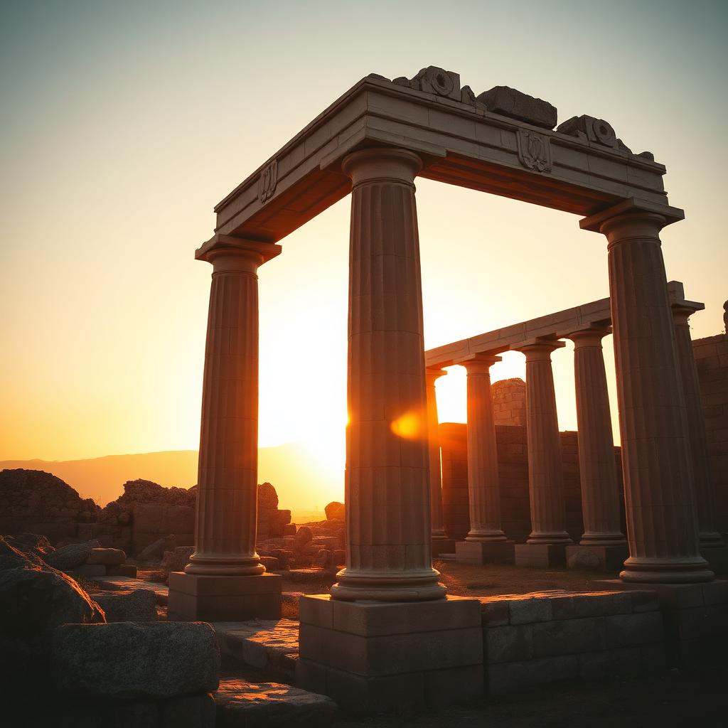 Ancient stone temple pillars at sunset