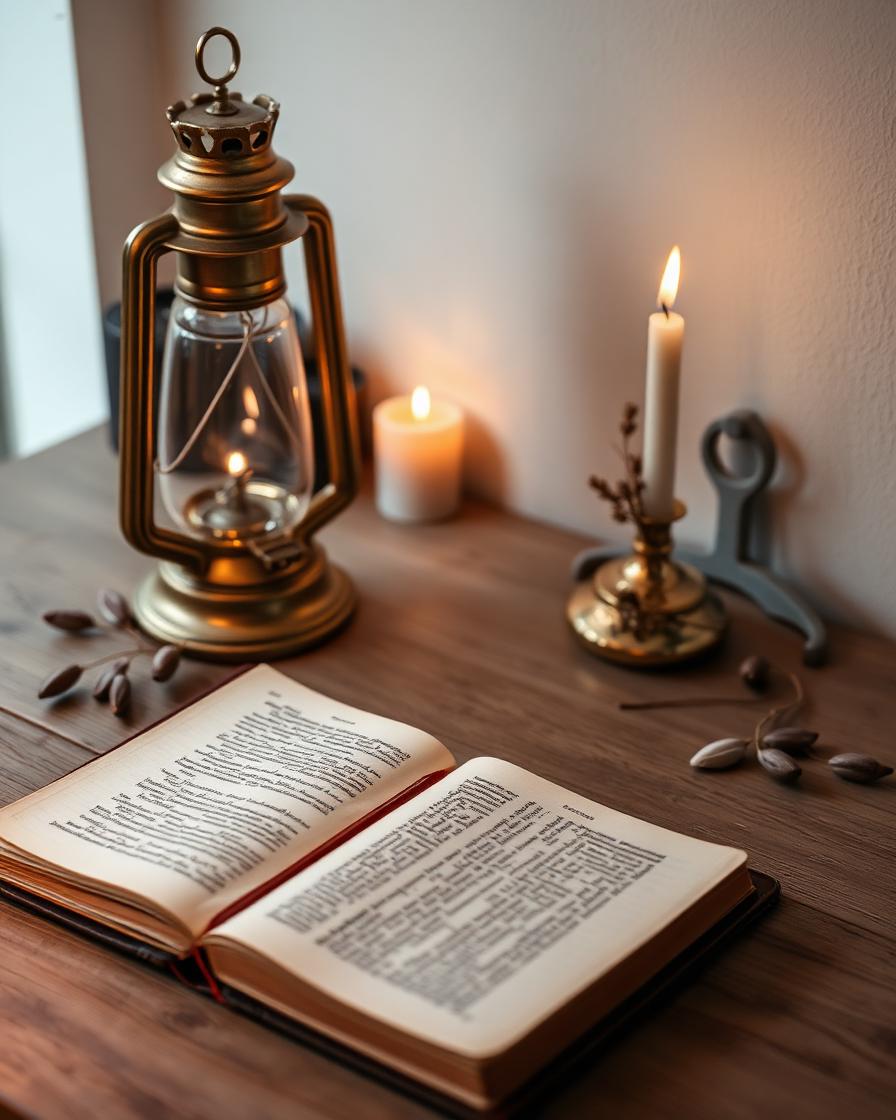 Open journal and oil lamp on a wooden desk